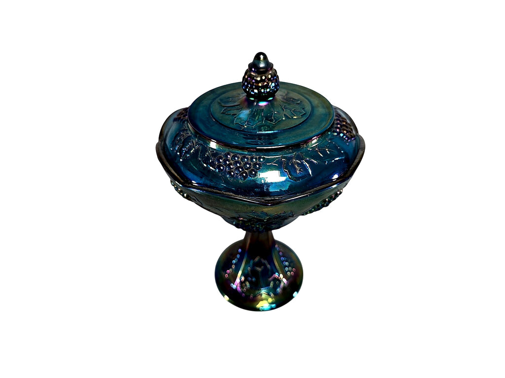 Indiana Harvest Grape Blue Carnival Glass Lidded Compote