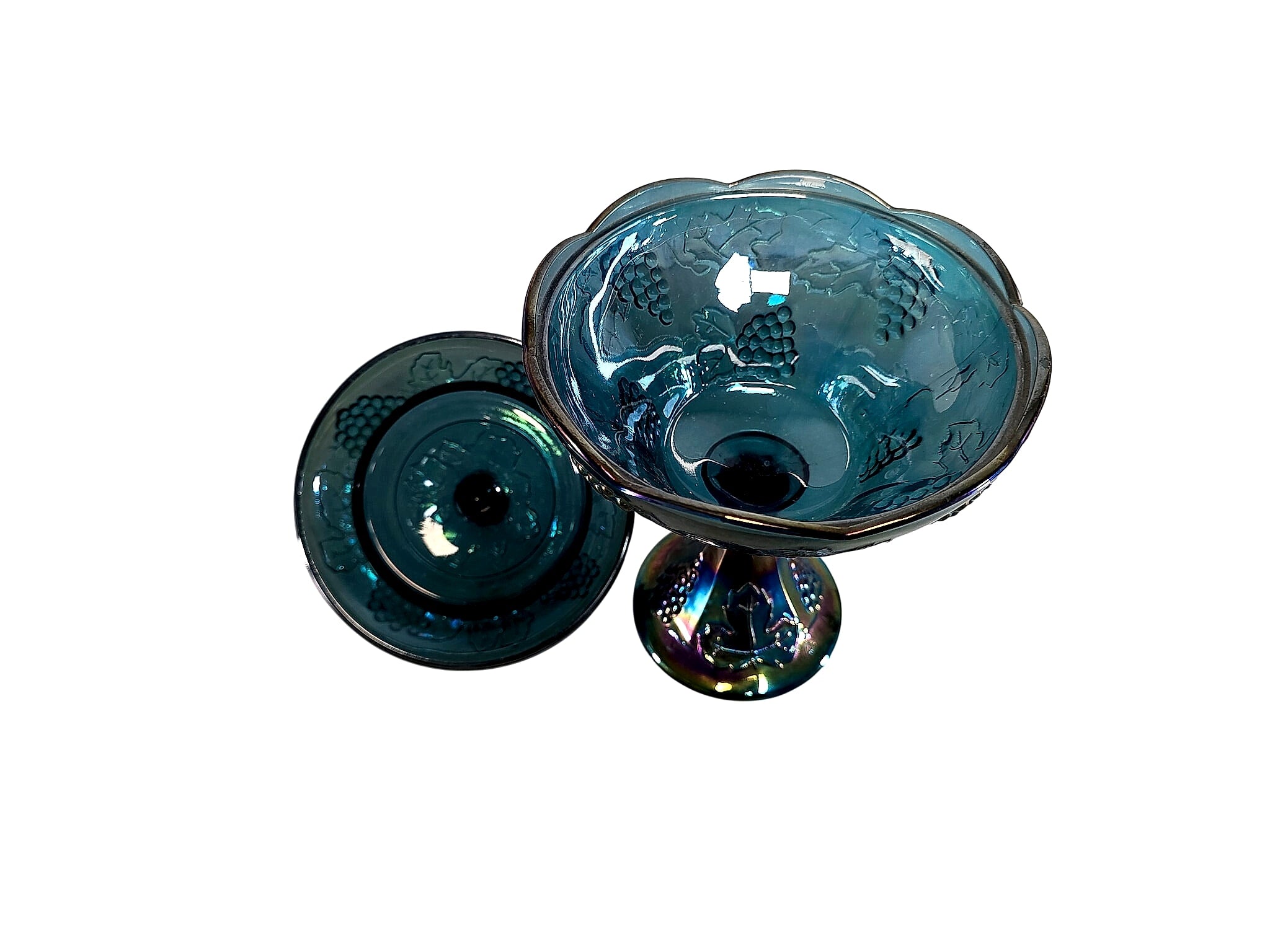 Indiana Harvest Grape Blue Carnival Glass Lidded Compote