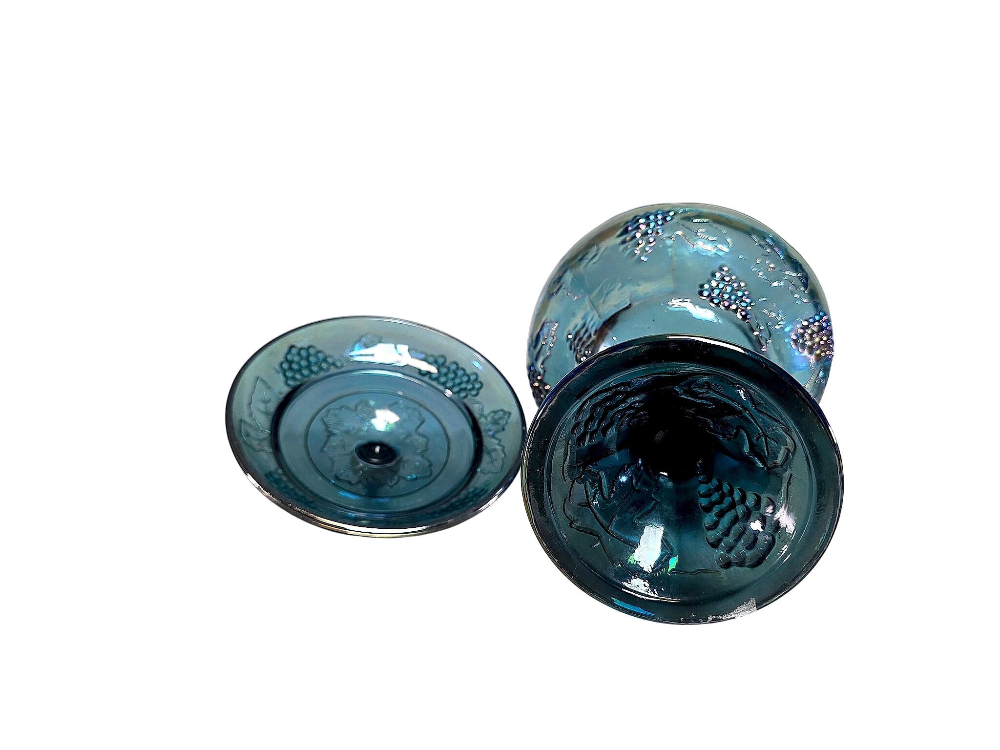 Indiana Harvest Grape Blue Carnival Glass Lidded Compote