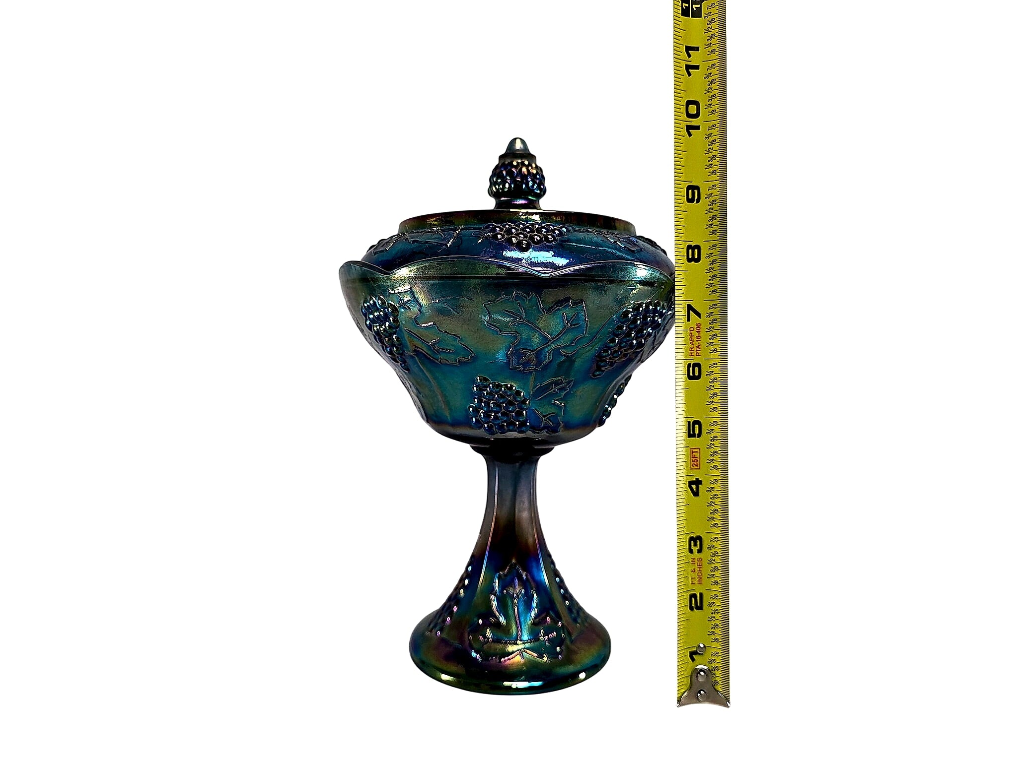 Indiana Harvest Grape Blue Carnival Glass Lidded Compote