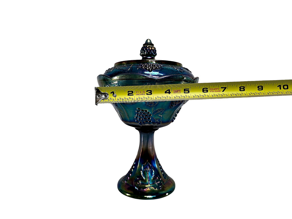 Indiana Harvest Grape Blue Carnival Glass Lidded Compote