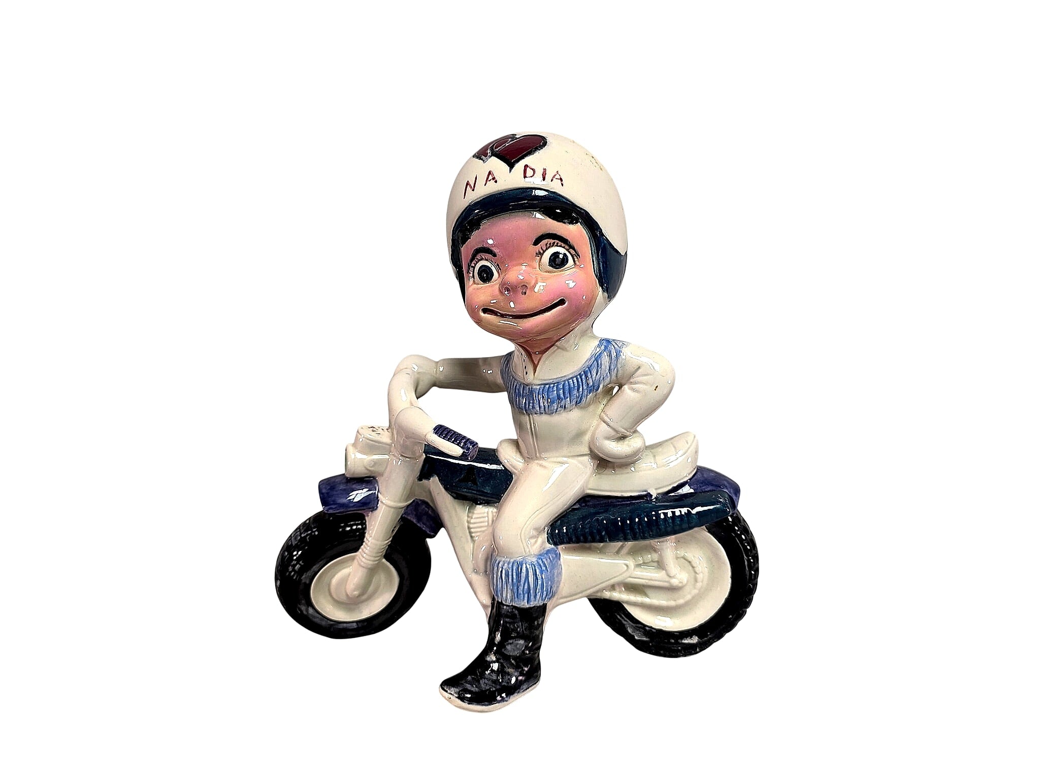 Ceramic Boy on Motorcycle Bank 1970s NADIA Helmet