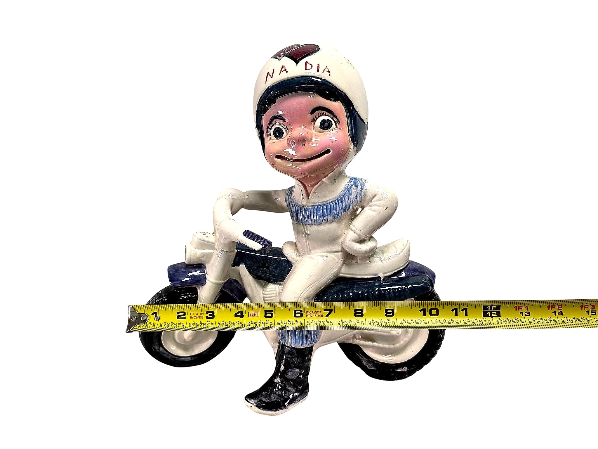 Ceramic Boy on Motorcycle Bank 1970s NADIA Helmet