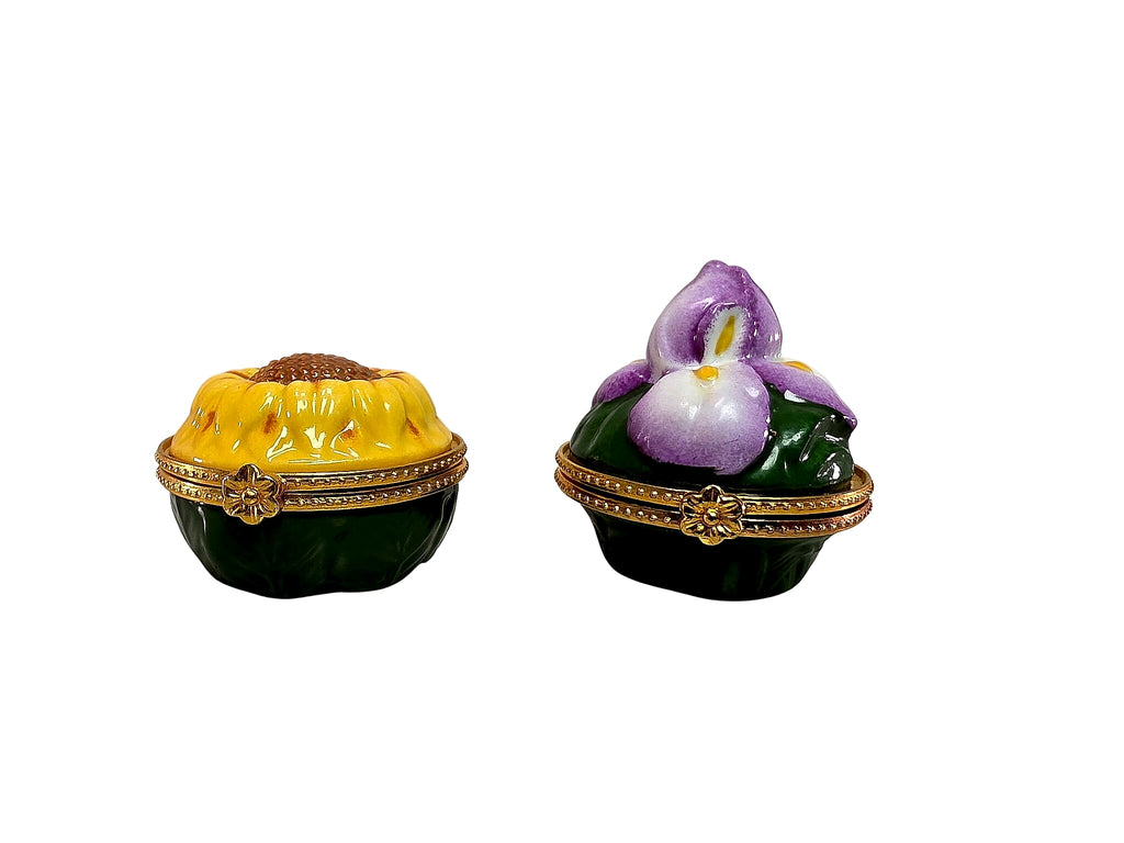 Limoges Style Porcelain Sunflower Iris Hinged Boxes Pair