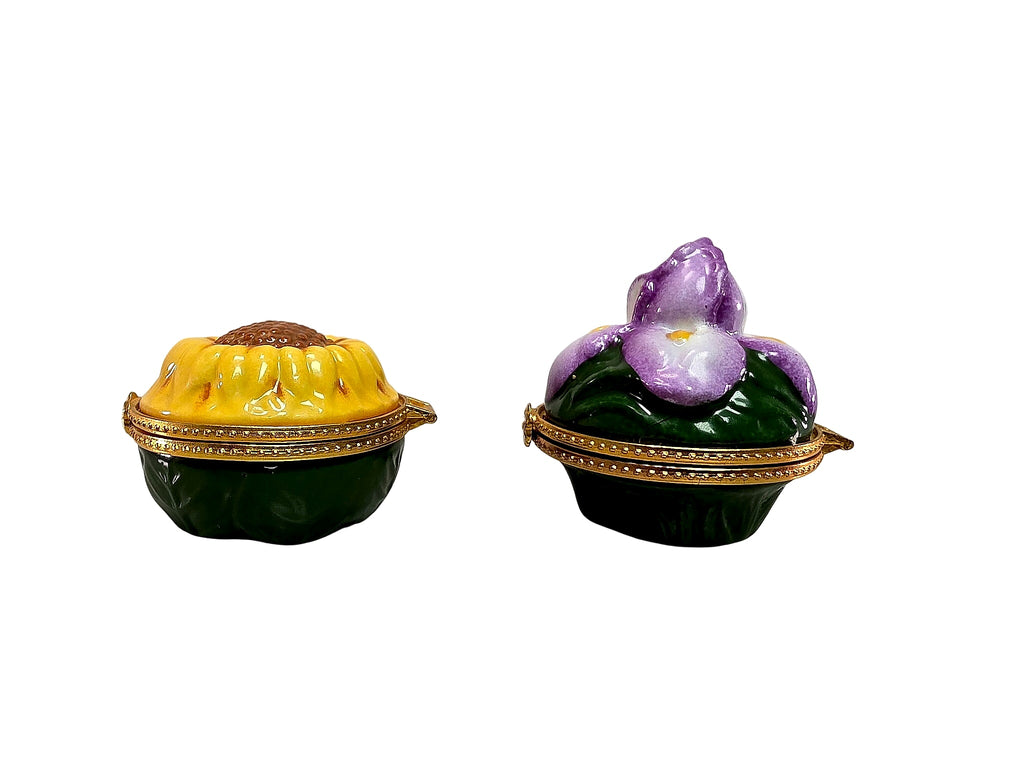 Limoges Style Porcelain Sunflower Iris Hinged Boxes Pair
