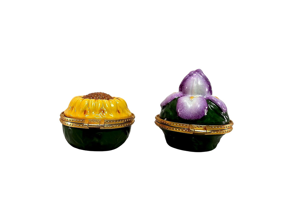 Limoges Style Porcelain Sunflower Iris Hinged Boxes Pair
