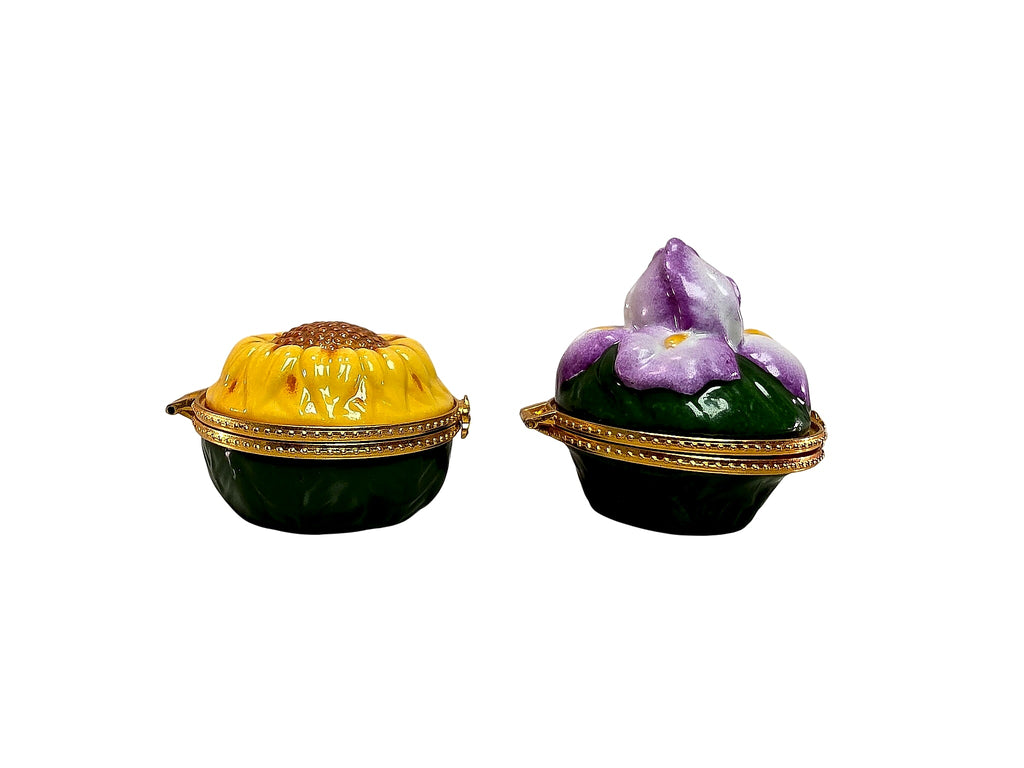 Limoges Style Porcelain Sunflower Iris Hinged Boxes Pair