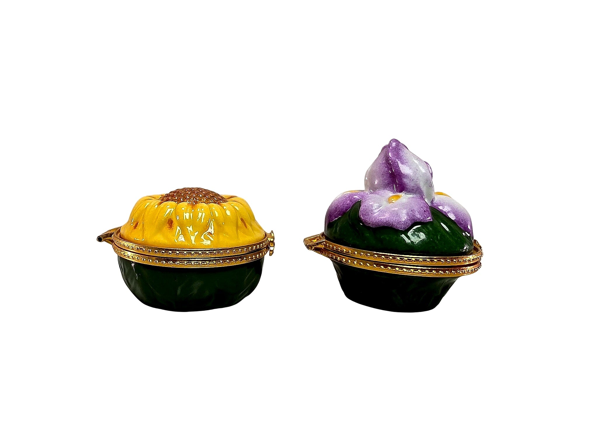 Limoges Style Porcelain Sunflower Iris Hinged Boxes Pair