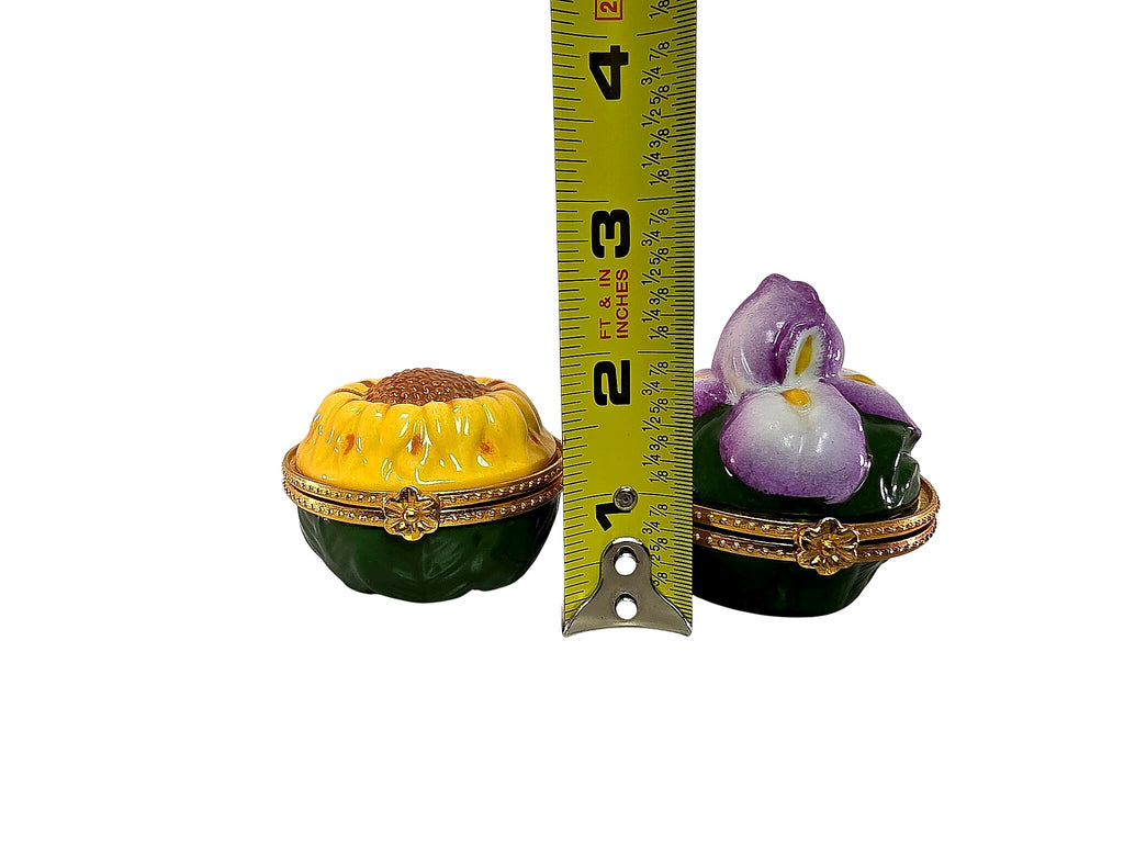 Limoges Style Porcelain Sunflower Iris Hinged Boxes Pair