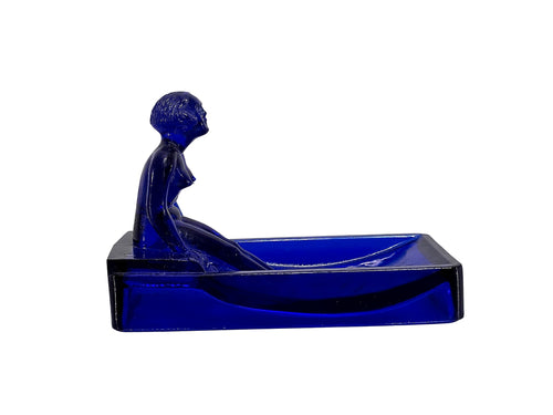 Art Deco 1930s Cobalt Pressed Glass Nude Figural Dish