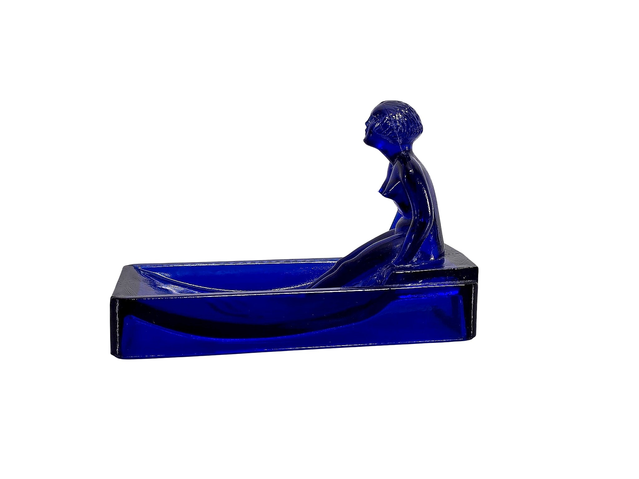 Art Deco 1930s Cobalt Pressed Glass Nude Figural Dish