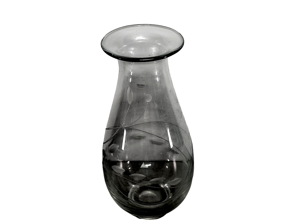 Krosno Poland Etched Glass Vase Leaf Vine 14.5in
