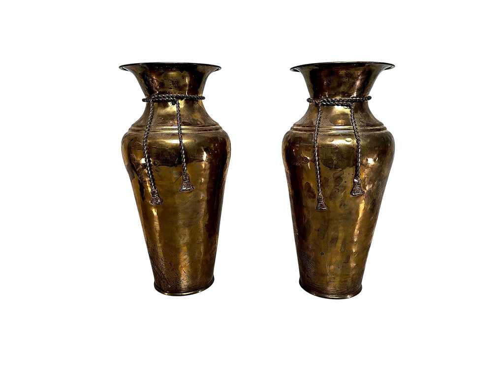 Hammered Brass Rope Tassel Baluster Vases Pair 15in