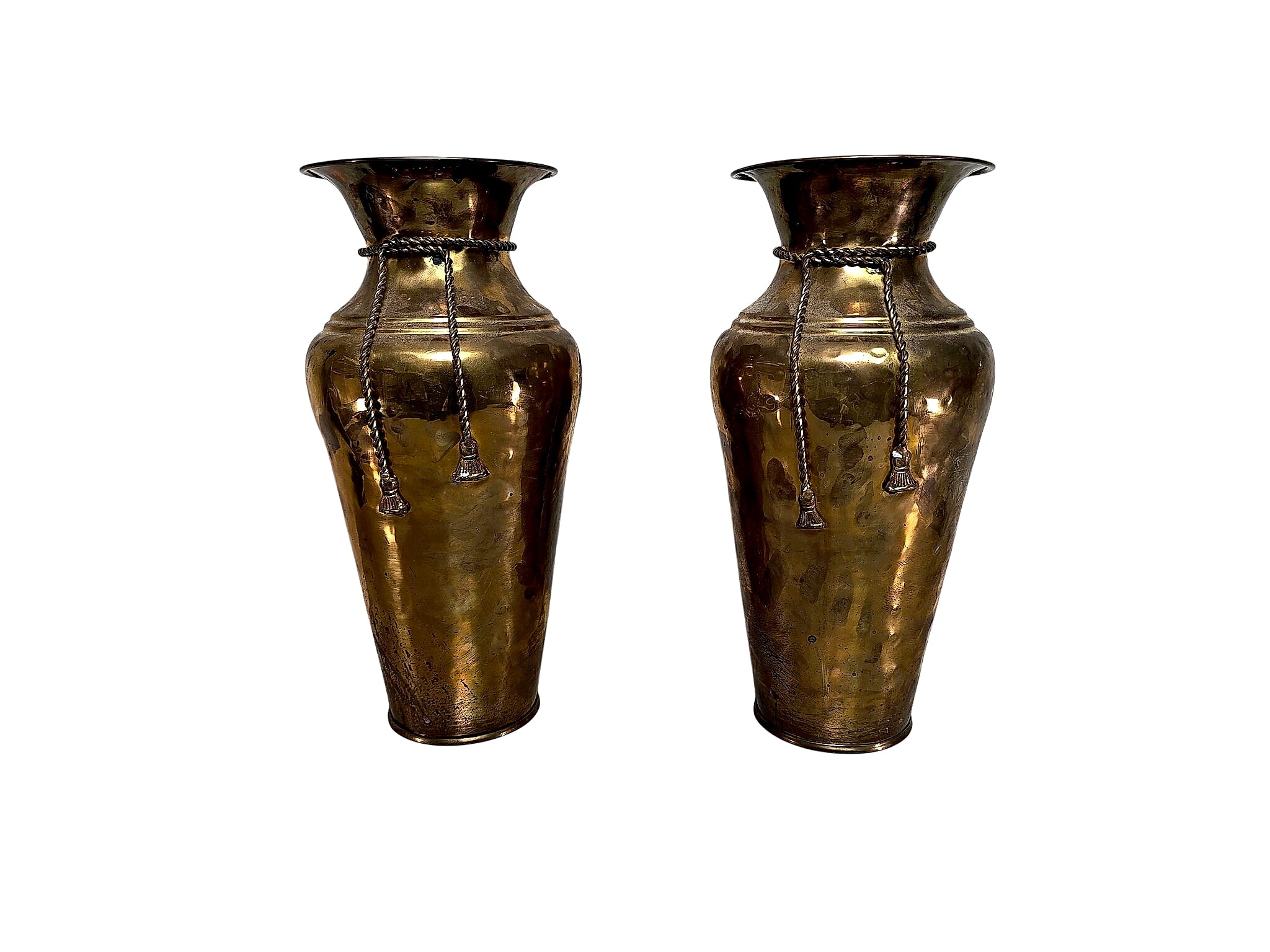 Hammered Brass Rope Tassel Baluster Vases Pair 15in