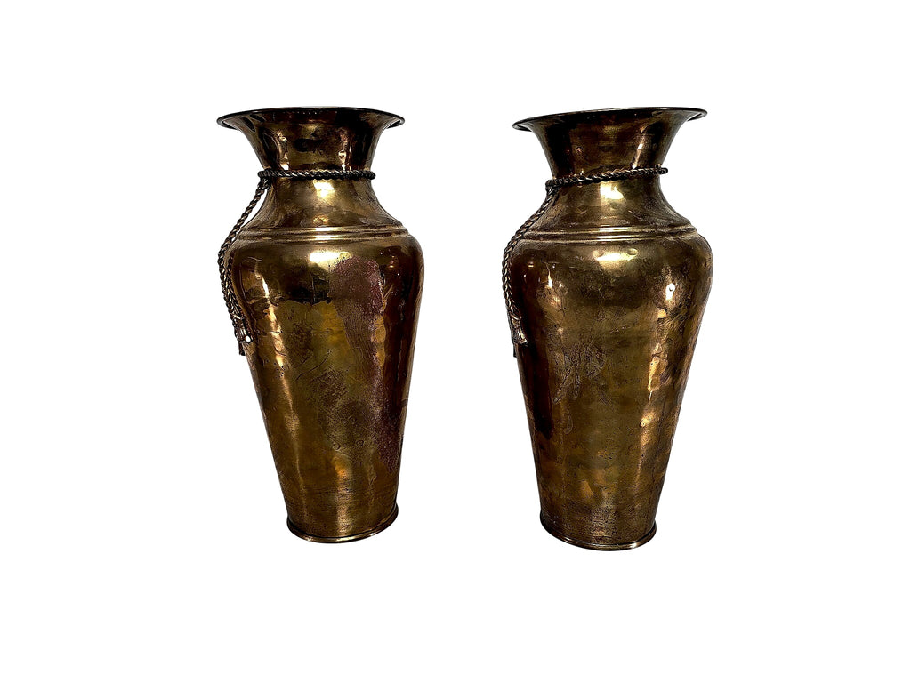 Hammered Brass Rope Tassel Baluster Vases Pair 15in