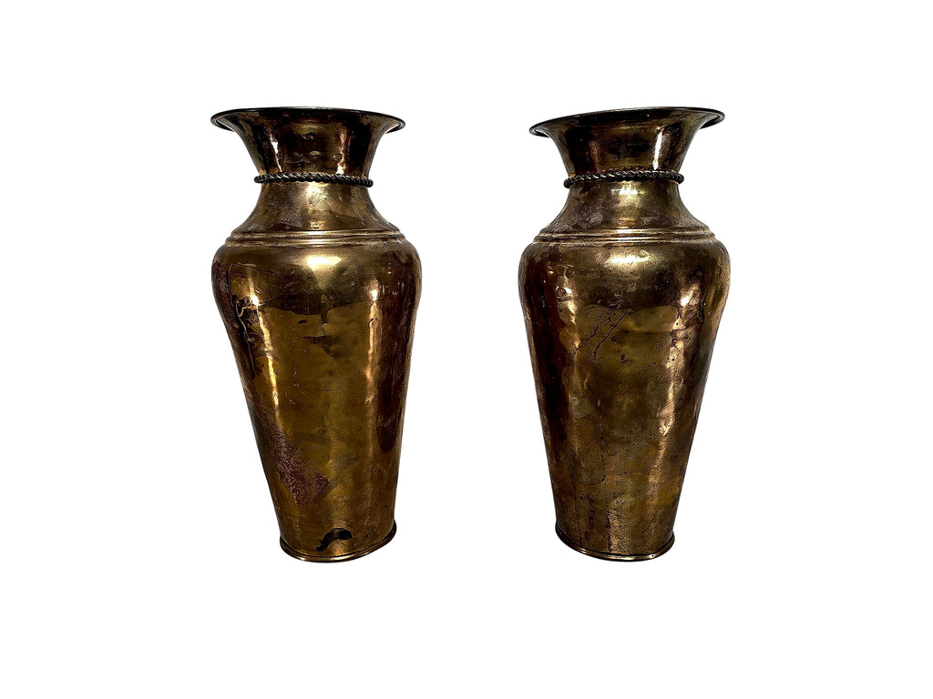 Hammered Brass Rope Tassel Baluster Vases Pair 15in