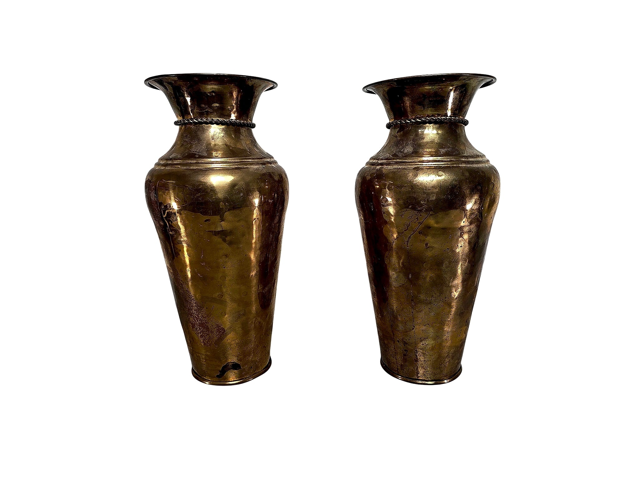 Hammered Brass Rope Tassel Baluster Vases Pair 15in