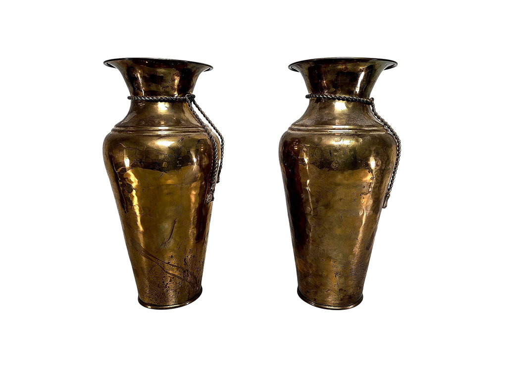 Hammered Brass Rope Tassel Baluster Vases Pair 15in