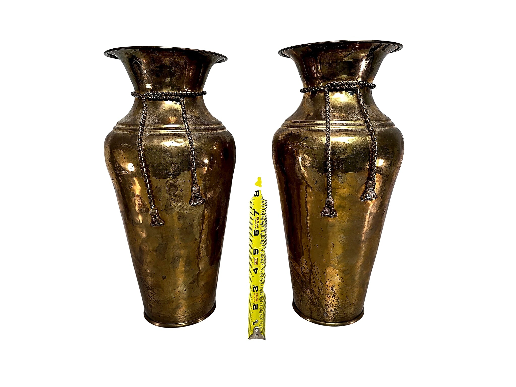 Hammered Brass Rope Tassel Baluster Vases Pair 15in