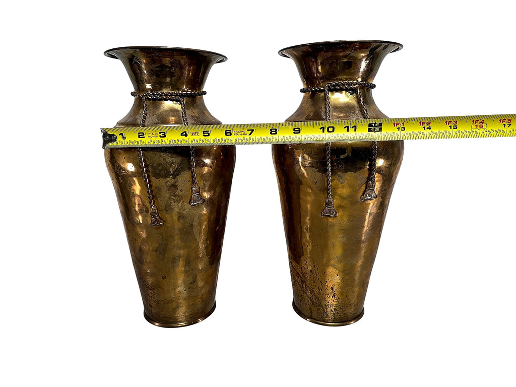 Hammered Brass Rope Tassel Baluster Vases Pair 15in