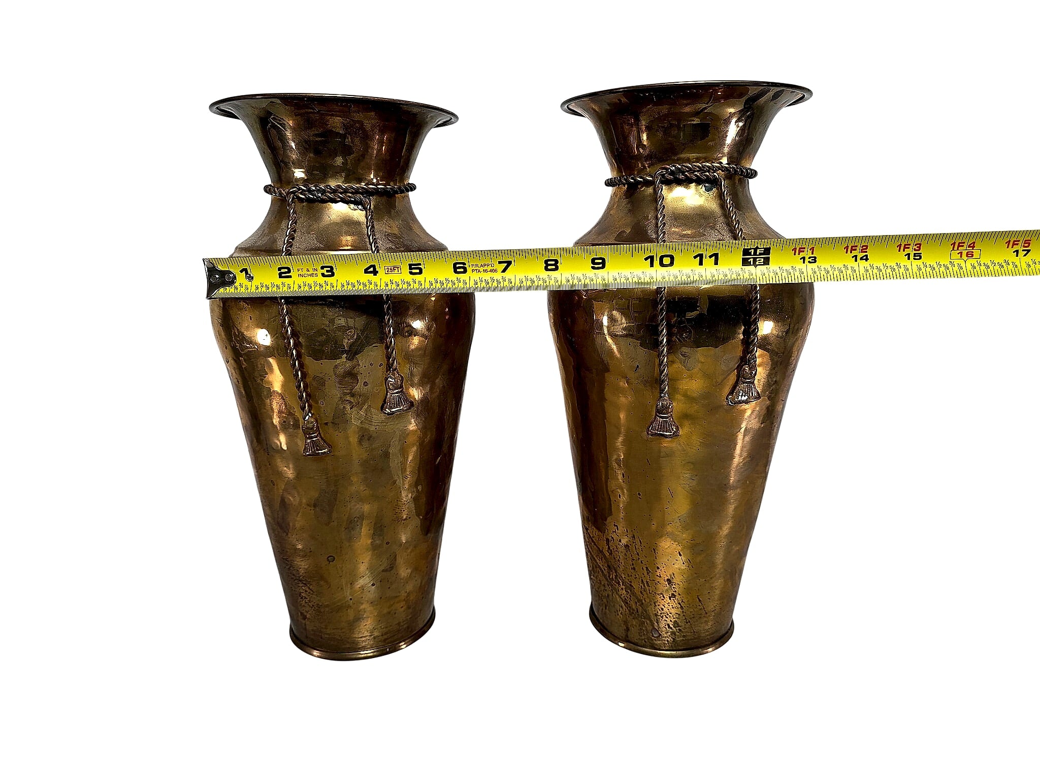 Hammered Brass Rope Tassel Baluster Vases Pair 15in