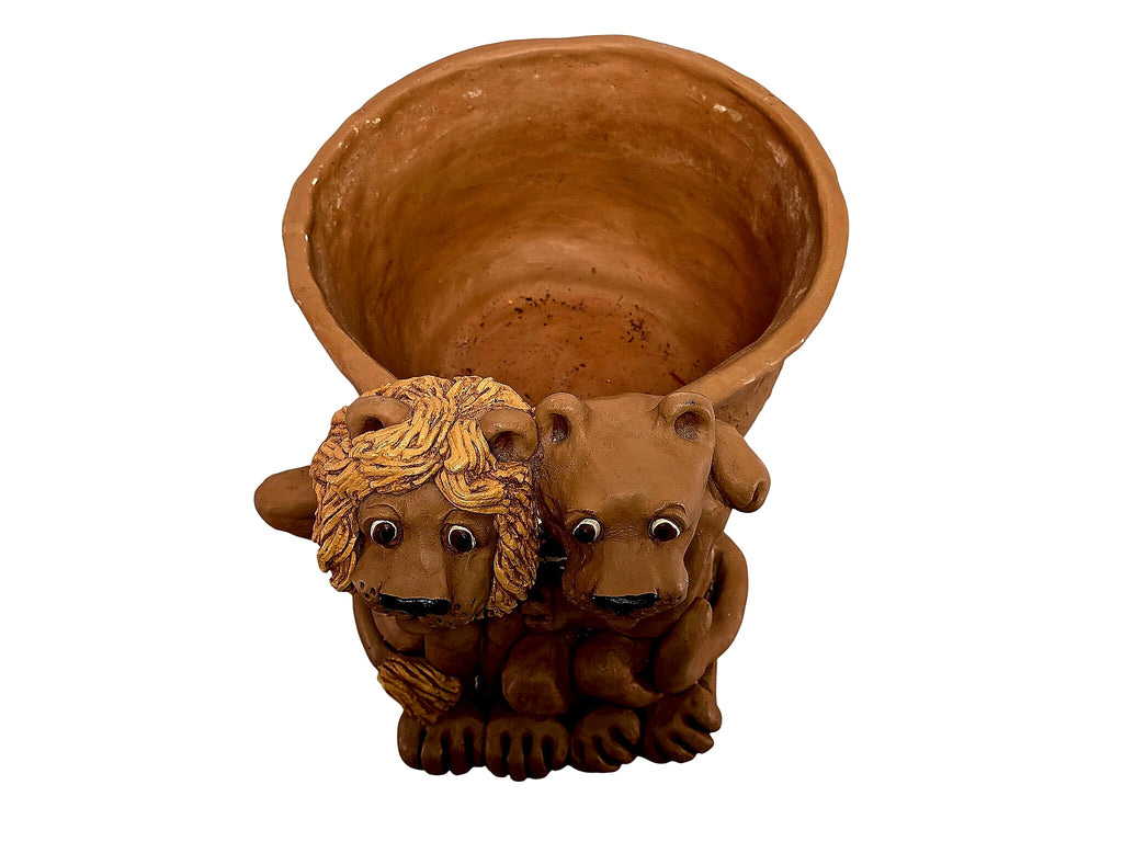 Handmade Terracotta Lion and Lioness Figural Planter