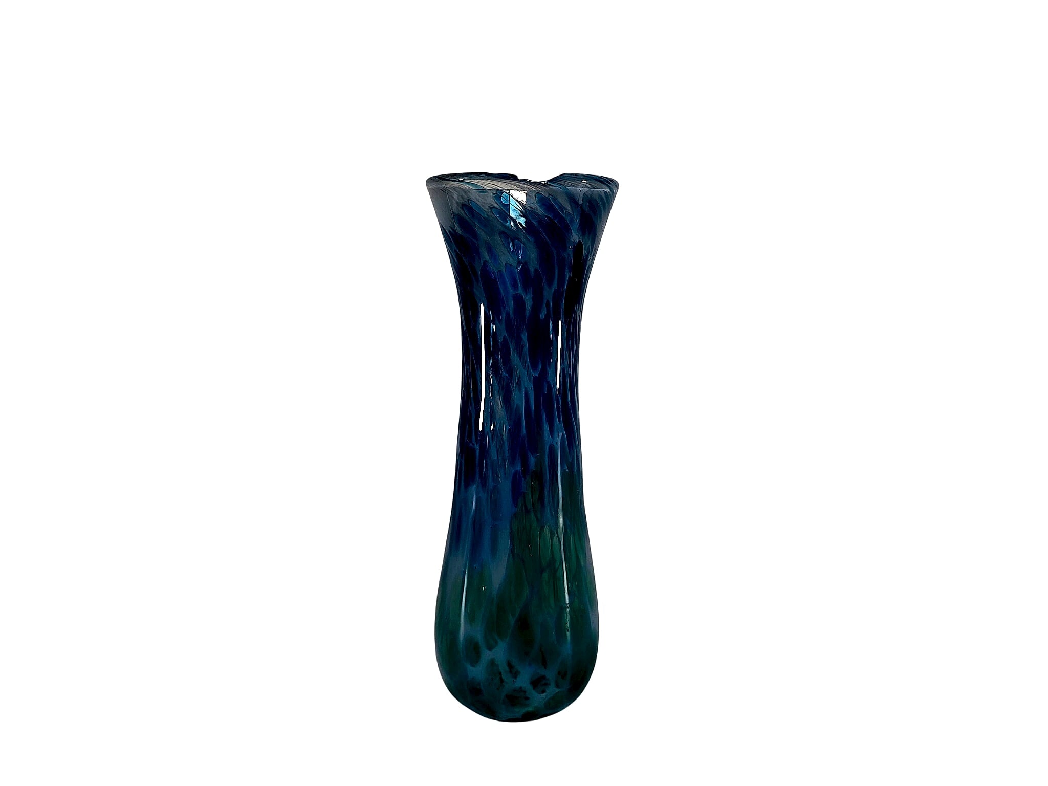 Hand Blown Spatter Art Glass Bud Vase Blue Green 9.5in