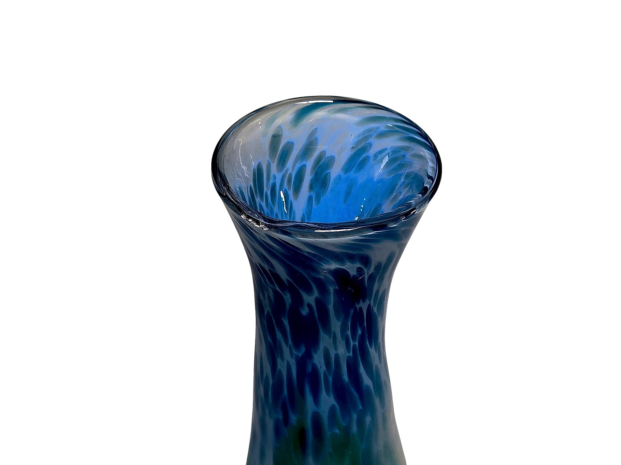 Hand Blown Spatter Art Glass Bud Vase Blue Green 9.5in