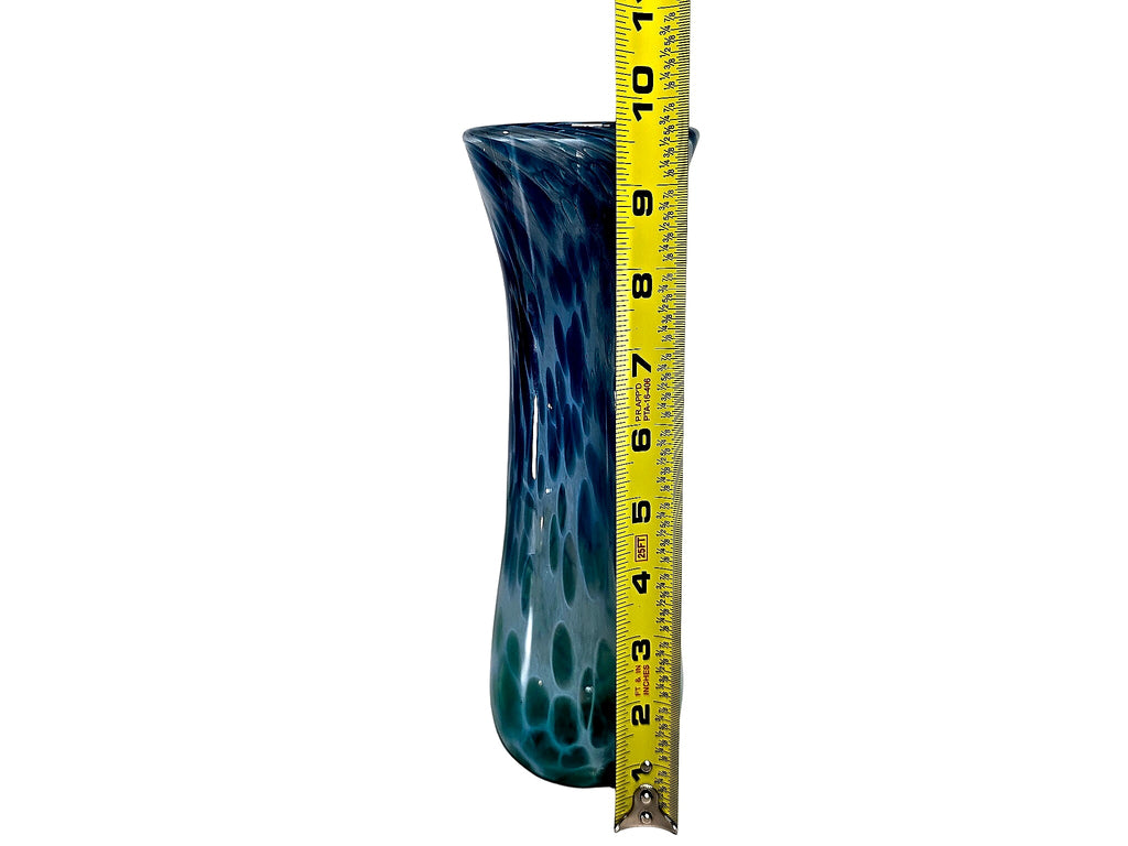 Hand Blown Spatter Art Glass Bud Vase Blue Green 9.5in