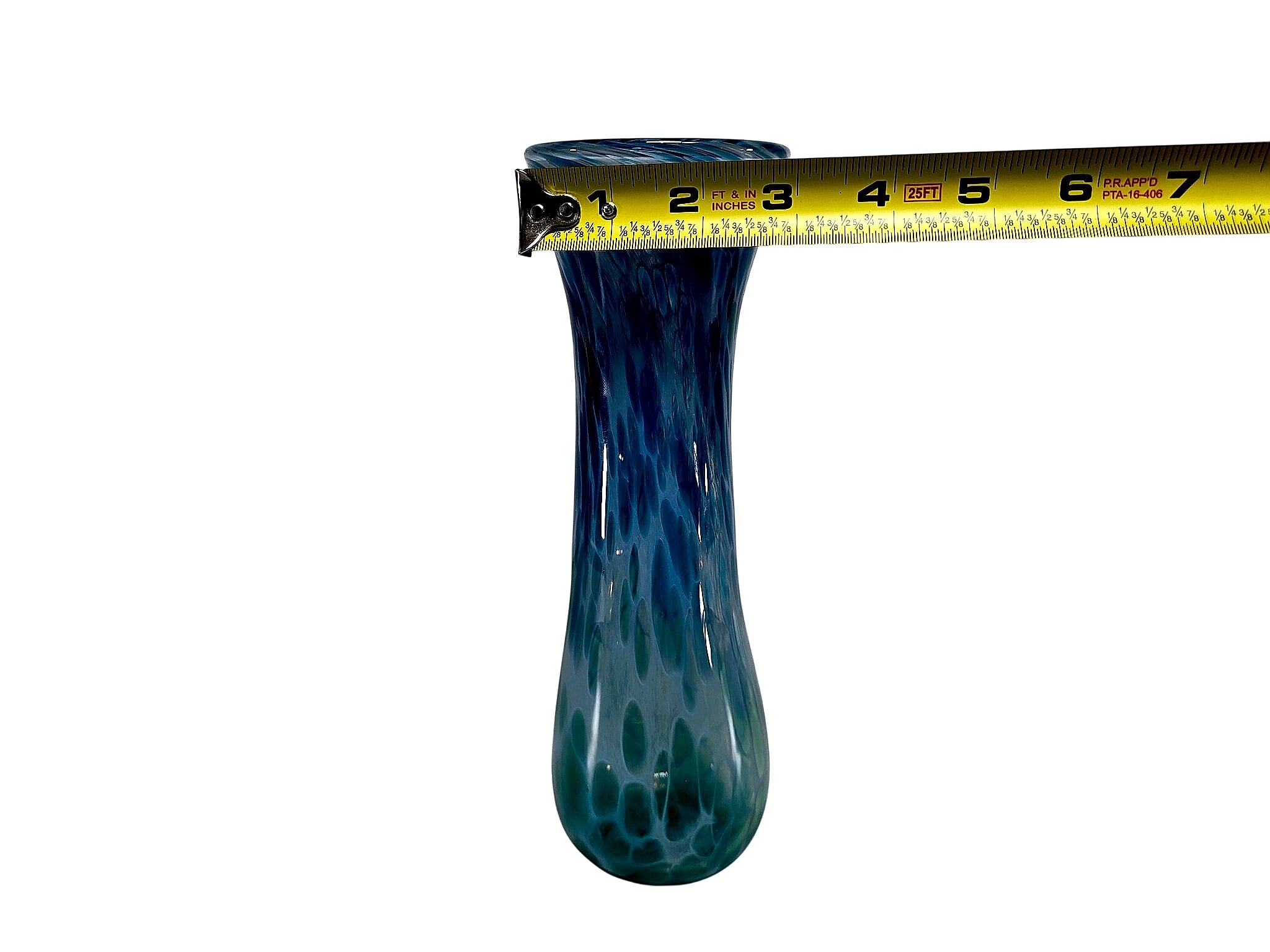 Hand Blown Spatter Art Glass Bud Vase Blue Green 9.5in