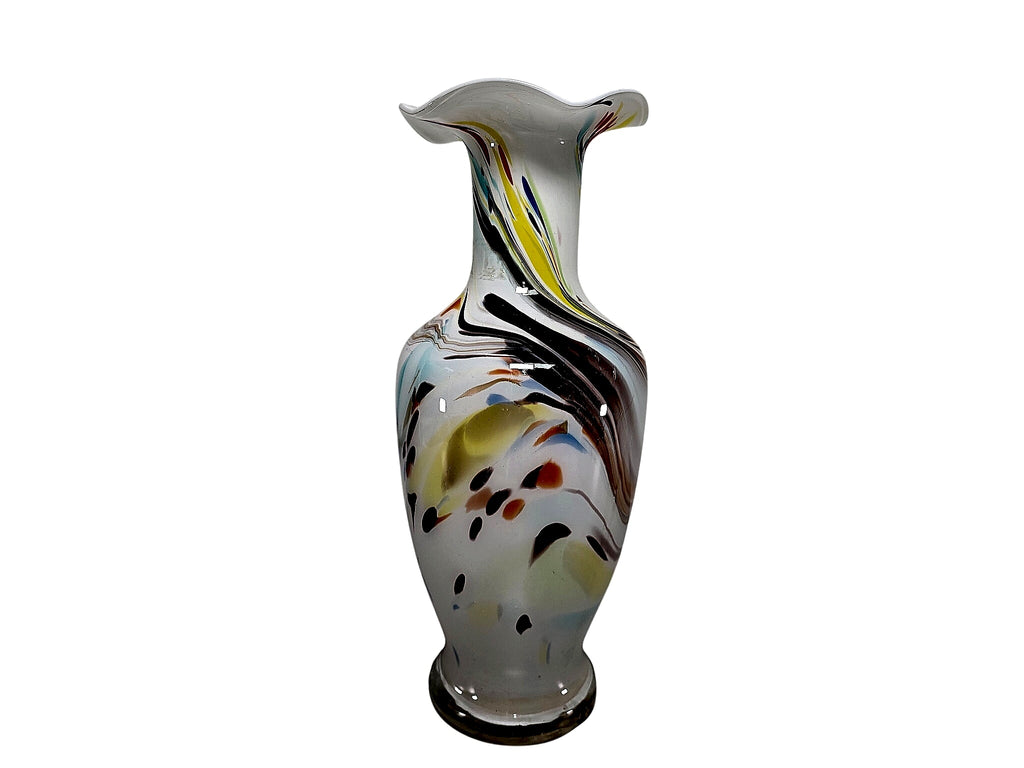 Murano Style Opaline Glass Murrine Ruffled Vase 13.5"