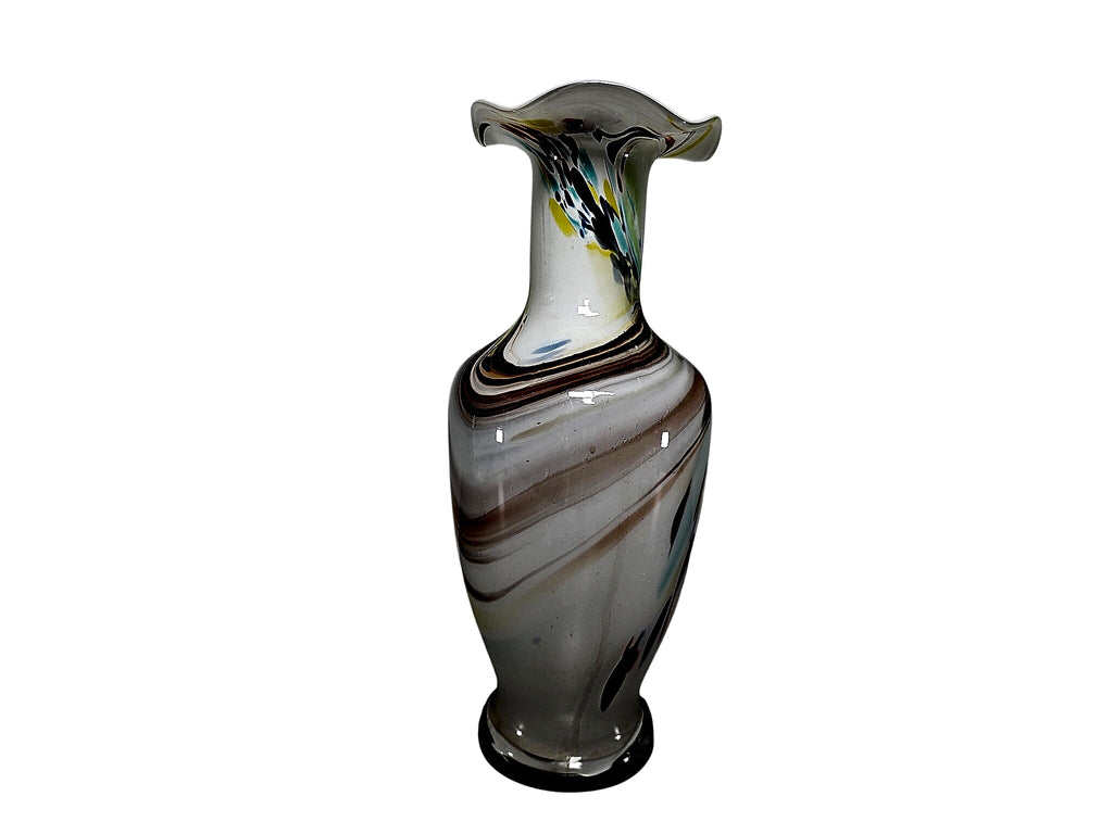 Murano Style Opaline Glass Murrine Ruffled Vase 13.5"