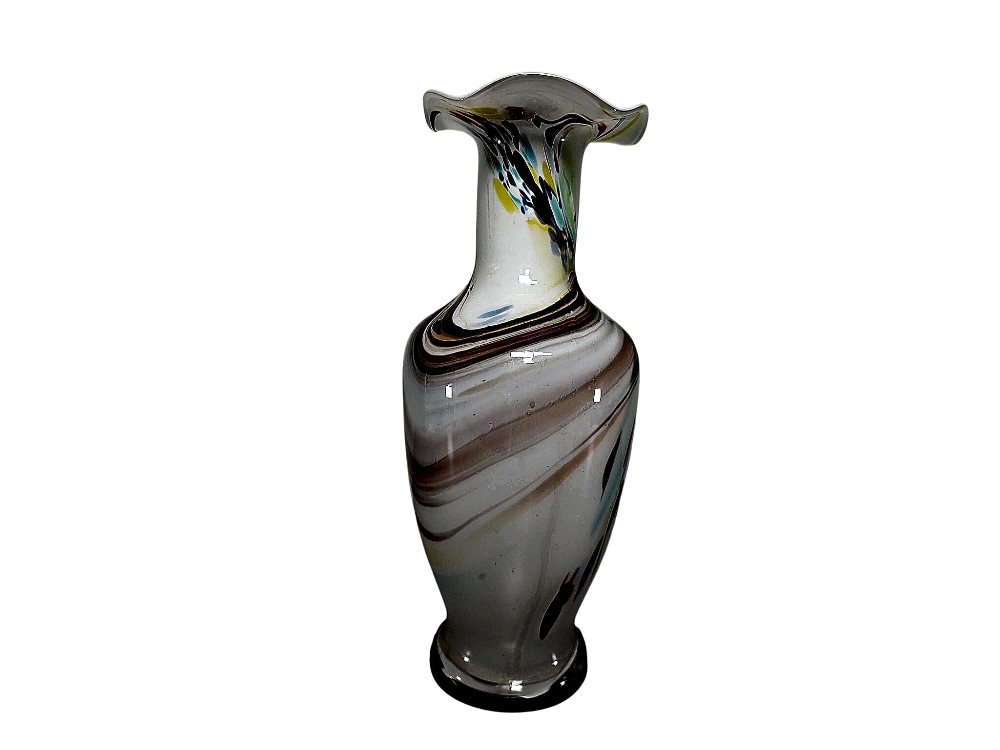 Murano Style Opaline Glass Murrine Ruffled Vase 13.5"