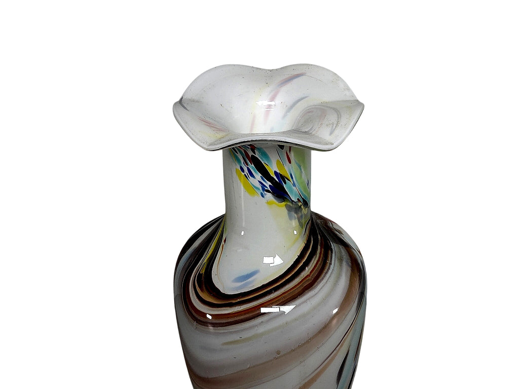 Murano Style Opaline Glass Murrine Ruffled Vase 13.5"