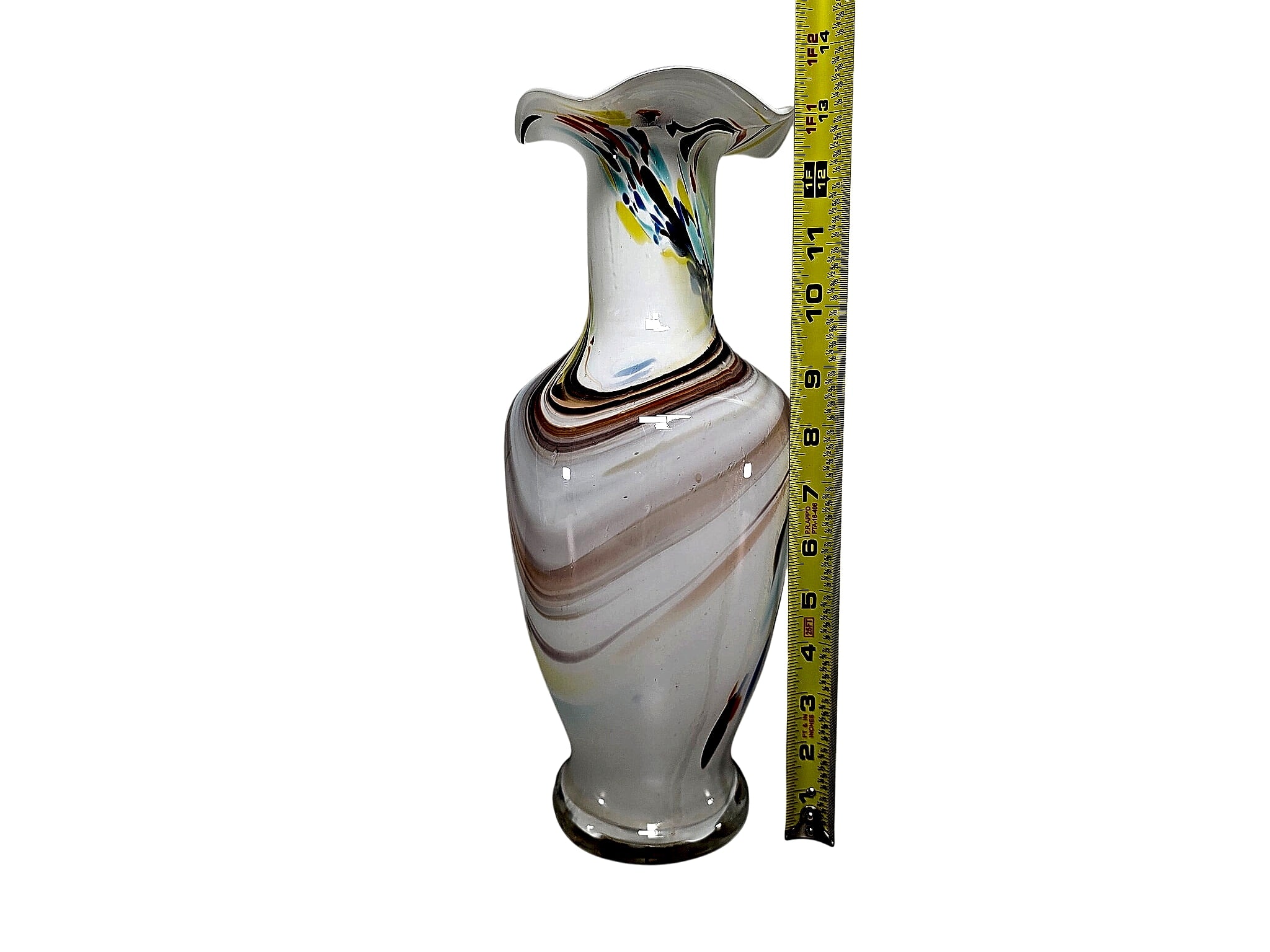 Murano Style Opaline Glass Murrine Ruffled Vase 13.5"