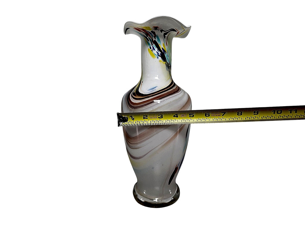 Murano Style Opaline Glass Murrine Ruffled Vase 13.5"