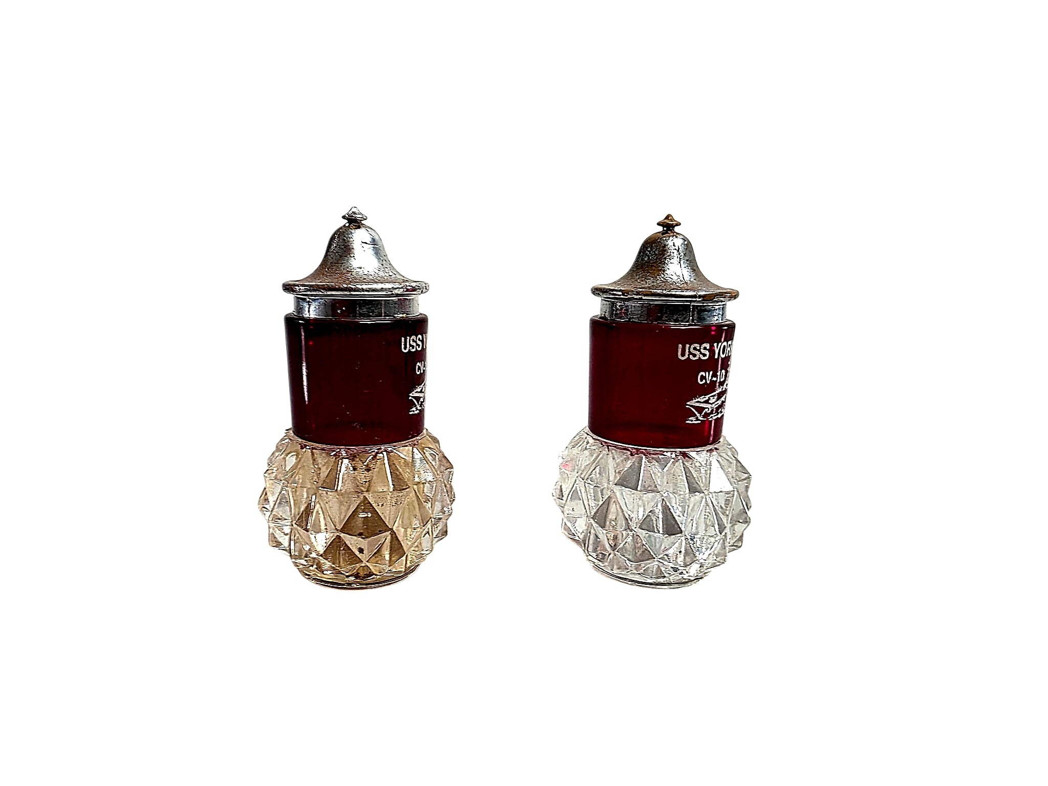 USS Yorktown CV-10 Ruby Flash Glass Shakers Pair