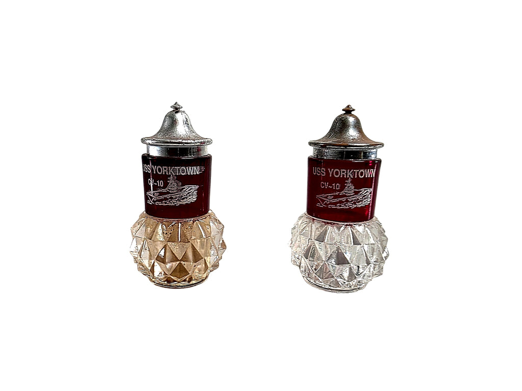 USS Yorktown CV-10 Ruby Flash Glass Shakers Pair