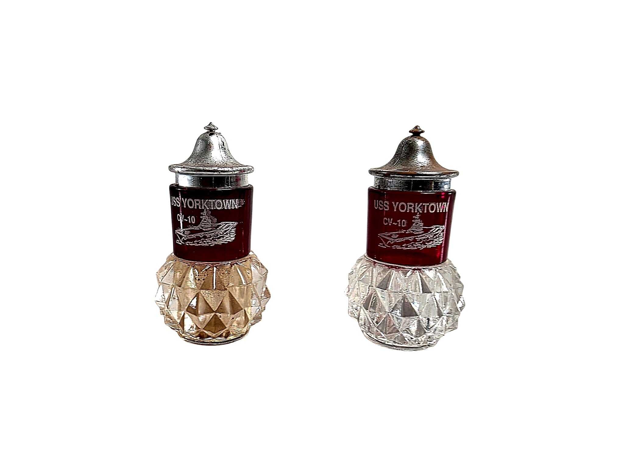 USS Yorktown CV-10 Ruby Flash Glass Shakers Pair